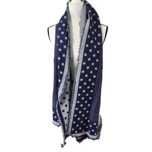Navy Blue & Gray Polka Dot Soft Woven Scarf By Loft With Frayed Edges
